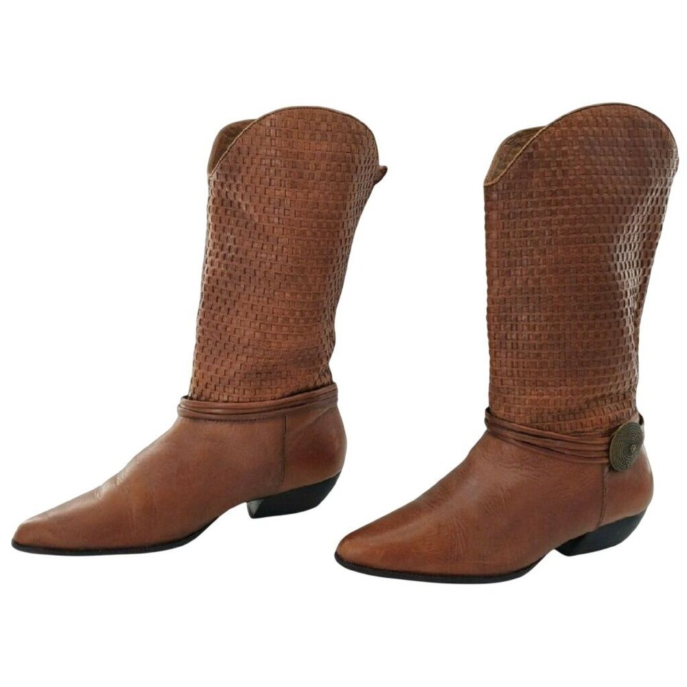 Vintage Lord & Taylor Brown Woven Leather Boots 7.5 Boho Western Brazil Mid Calf